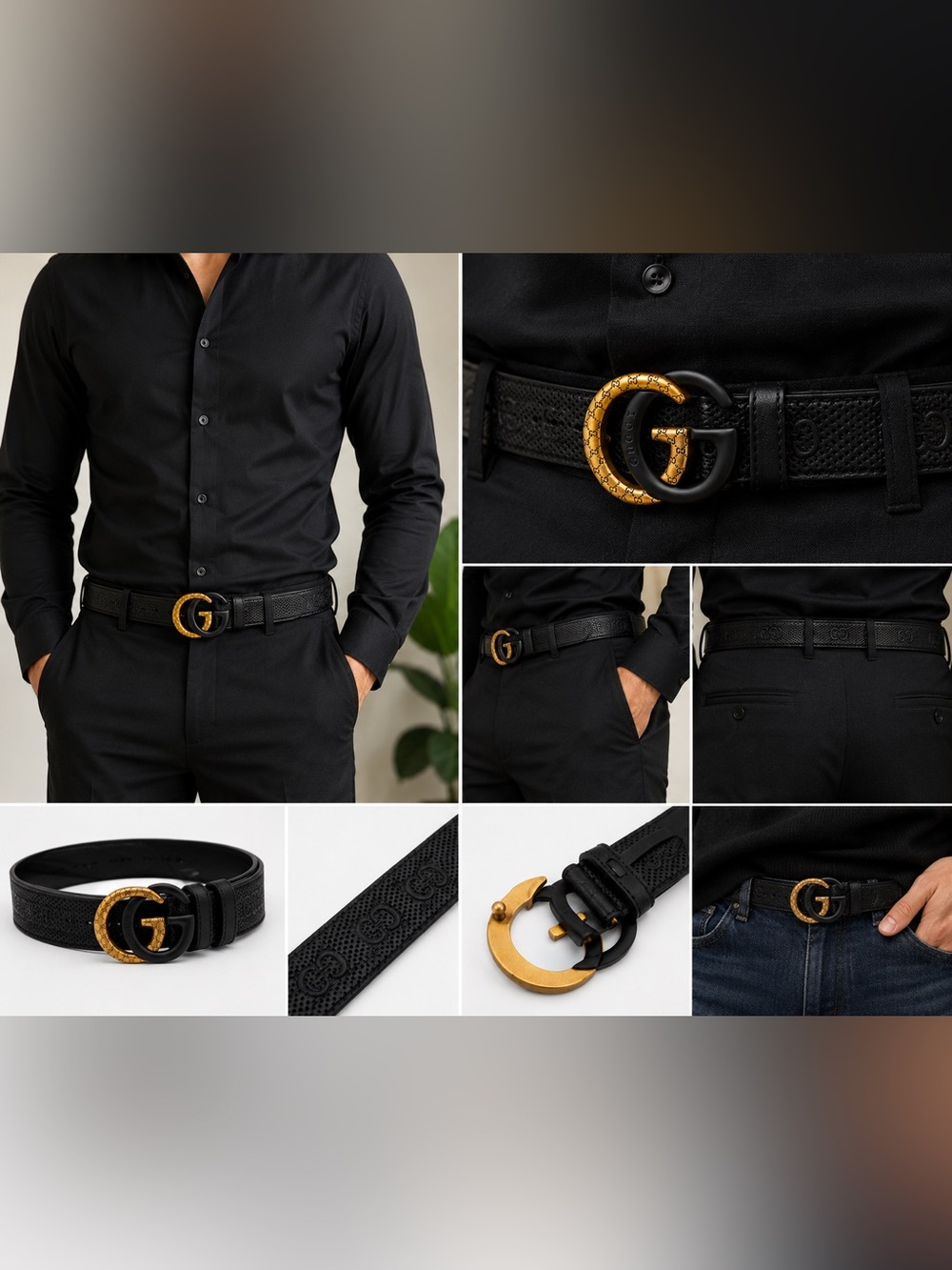 Gucci Black Leather Belt with Black and Gold Double G Buckle